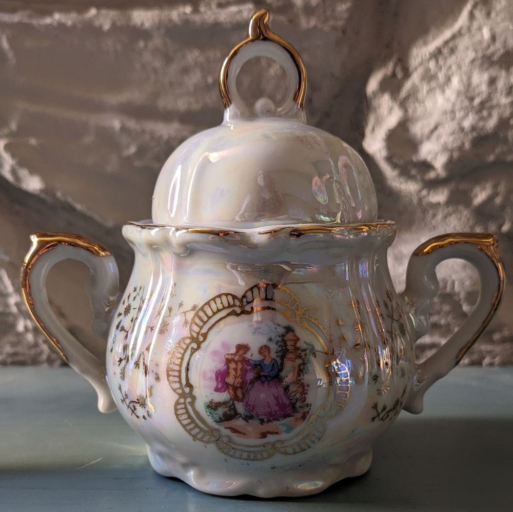 Vintage "Courtship" Ceramic Demitasse Sugar Bowl - Ivory, Pink & Gold